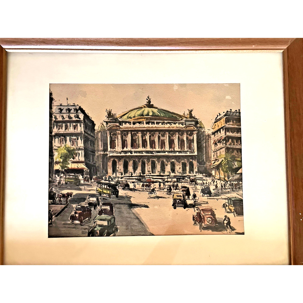 VTG Signed French Framed Litho Watercolor Art Print Paris Palais Opera Garnier